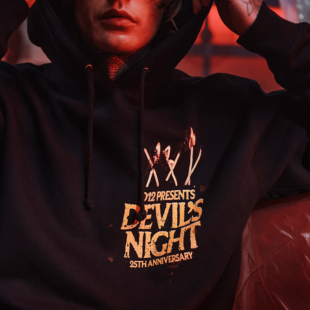Devil's Night 25th Anniversary Match Stick Hoodie Front Detail