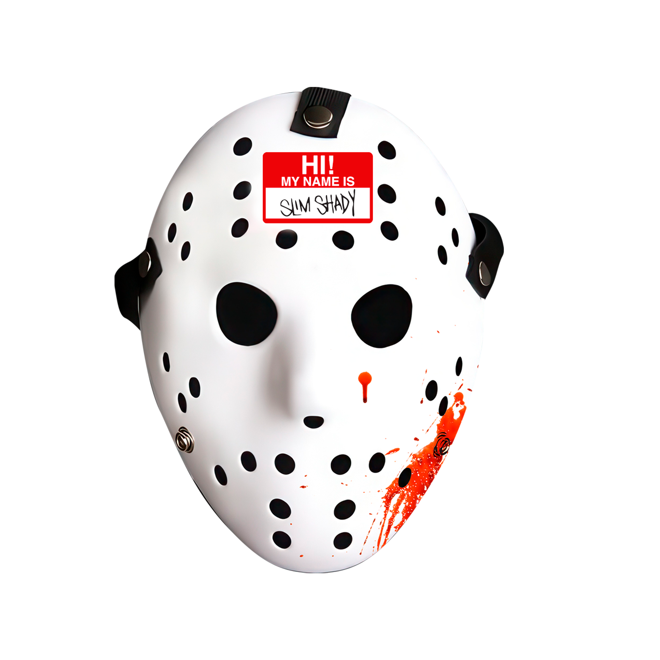 White mask with black dots and red text on a white background
