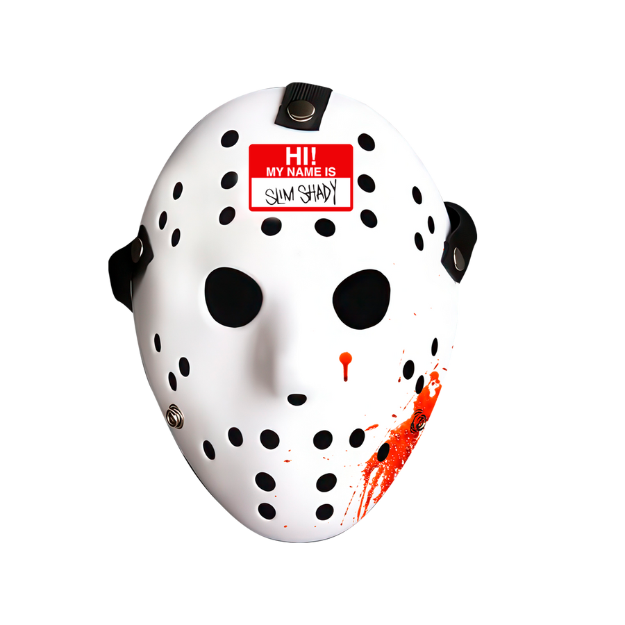 White mask with black dots and red text on a white background